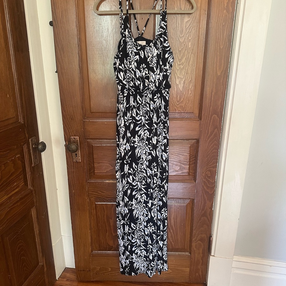 LOFT Black, Navy and White Leaf Print Maxi Dress